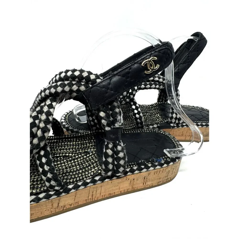Chanel Cord Sandals Black White Quilted Lambskin Leather CC Logo Flats 6.5